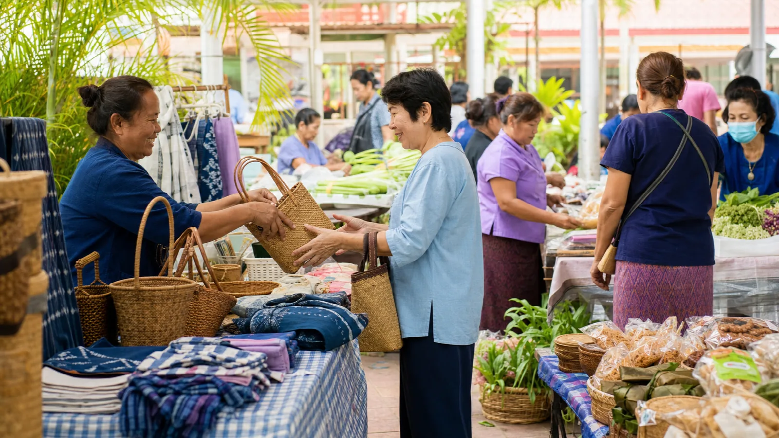 ประชาชนเลือกซื้อผลิตภัณฑ์หัตถกรรมและผลผลิตในตลาดชุมชน