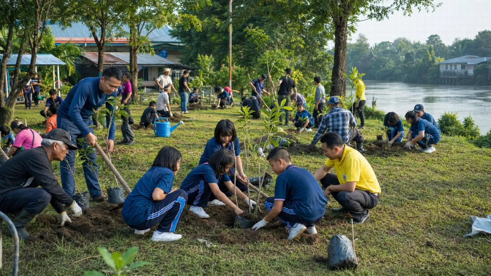 ประชาชนและนักเรียนร่วมปลูกต้นไม้ในสวนสาธารณะริมธาร