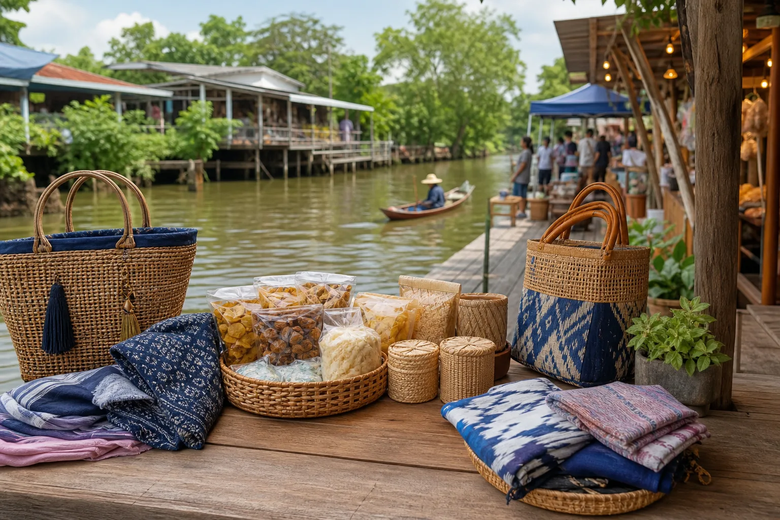 บรรยากาศตลาดริมน้ำบ้านริมธาร มีร้านค้าและสินค้าชุมชนริมสายน้ำ
